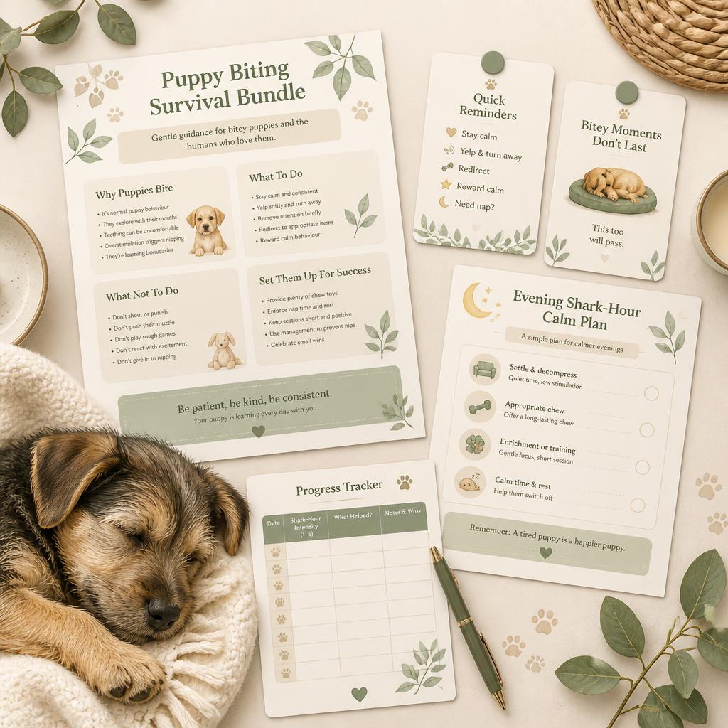 Illustrated mockup of the Puppy Biting Survival Bundle printable sheets, reminder cards and tracker